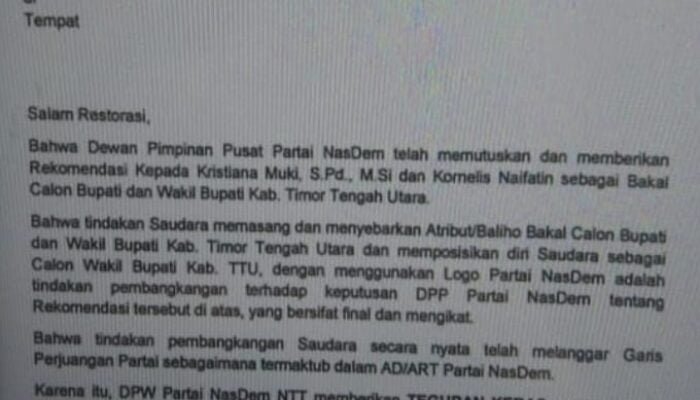 Ketua DPRD TTU Dapat Surat Teguran Keras dari DPW Partai Nasdem